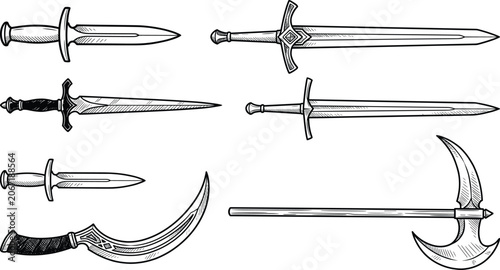 Vintage sketch vector illustration collection of medieval swords daggers and battle axe for fantasy gaming logos