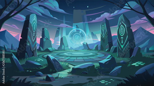 Valokuva Mystical ancient stone circle ritual site with glowing portal landscape monolith