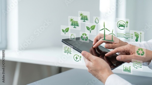 Sustainable energy technology concept with green icons, renewable power symbols, eco-friendly solutions for climate change, environmental protection and carbon footprint reduction