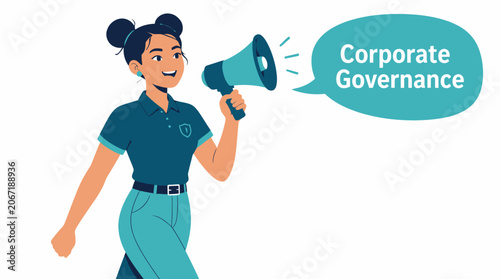 Woman using megaphone for corporate governance announcement.