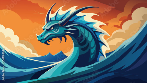 Bild auf Leinwand Majestic blue dragon head rising from the churning ocean waves at sunset with my