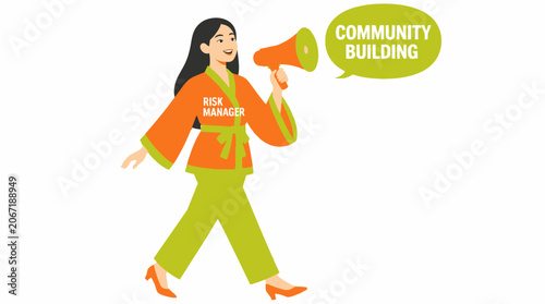 Woman with megaphone promoting community building event.