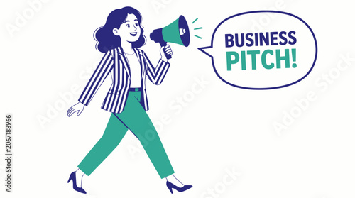 Confident woman giving business pitch with megaphone.