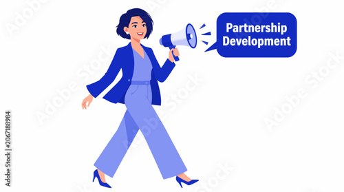 Confident woman holding partnership development megaphone.