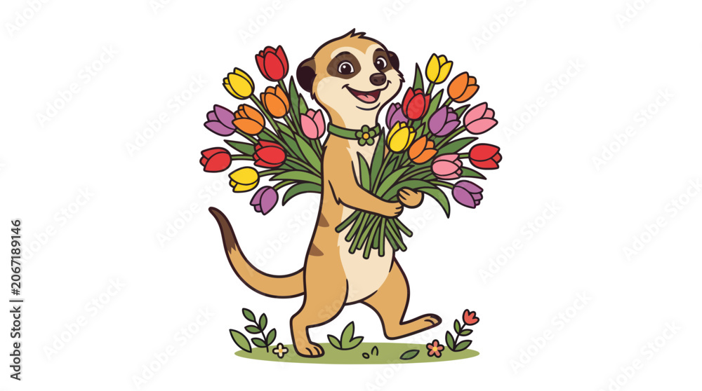 Naklejka premium Happy Meerkat Holding a Large Bouquet of Colorful Tulips, Vector Illustration