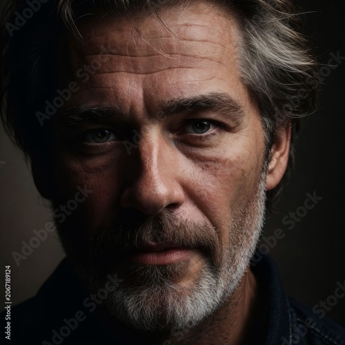 Dramatic portrait of a pensive mature man with a gray beard and intense gaze in low key lighting.