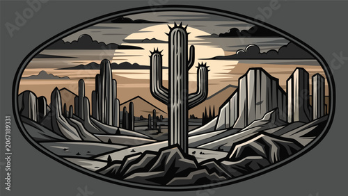 Fotografía Vintage desert landscape with saguaro cactus in oval frame monochrome style land
