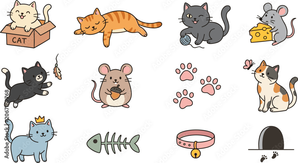 Obraz premium Cute Cats and Mouse Collection Featuring Playful Kittens Pet Accessories and Adorable Cartoon Animal Illustrations