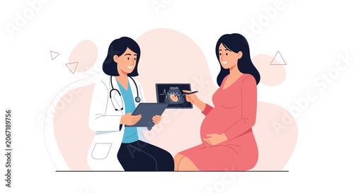 Doctor Discussing Ultrasound Scan with Pregnant Woman, Maternity Care Concept Illustration