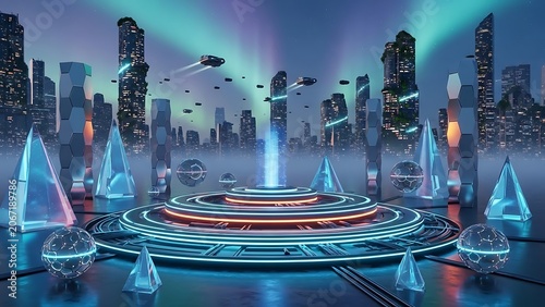 Cyberpunk cityscape with holographic data streams and futuristic architecture.