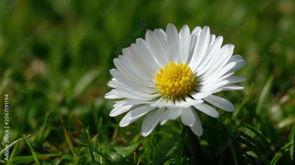 Fototapeta premium A delicate white daisy with its iconic yellow center in a lush green garden