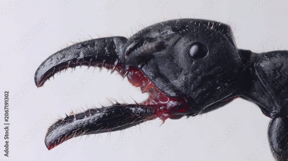 Obraz premium Extreme Close-up of a Solitary Ant's Powerful Mandibles and Head with Detailed Segmentation