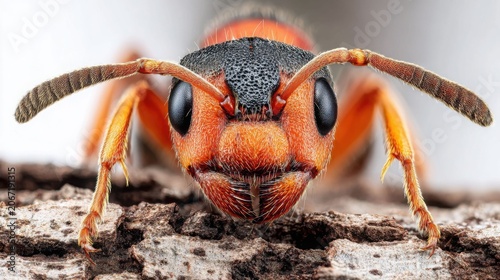 Extreme Close-up of a Solitary Ant's Powerful Mandibles and Intricate Face on Bark