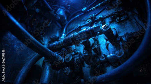 Intricate network of hydraulic pistons and valves within complex industrial machinery, showcasing precision engineering and technological systems.