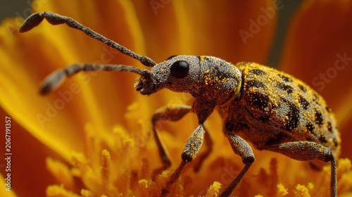 Intricate Pollen Beetle Navigating a Vibrant Flower's Stamen in Macro Detail