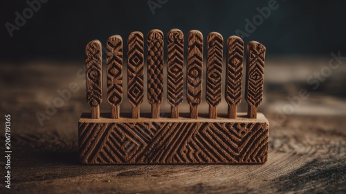 Intricately carved wooden business card dispenser featuring diverse tribal patterns and a textured base, showcasing artisanal craftsmanship