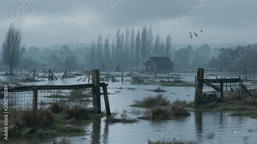 Overcast rural landscape with flooded fields and a small weathered hut under a cloudy sky