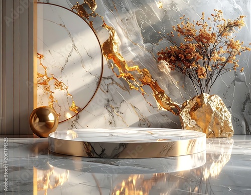 A luxurious marble setting with gold accents and decorative objects