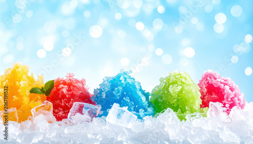 Vibrant shaved ice with colorful syrups and clear ice cubes 2