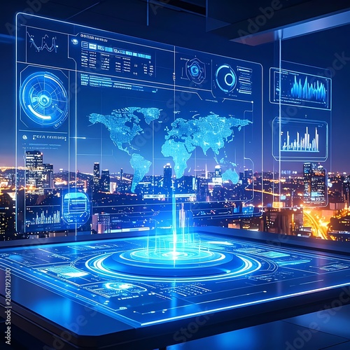 A futuristic control room with a large screen displaying a world map and data visualizations