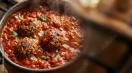 Meatballs simmering in hot tomato sauce inside a rustic ceramic pot