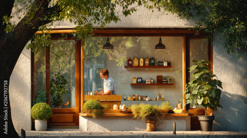 Man shop window plant bottle sunlight interior shelf tree counter display glass natural light retail decoration green wooden