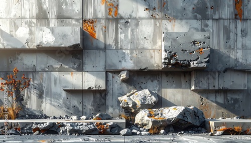 A gray concrete wall with rusty spots and debris on ground