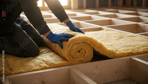 Professional Worker Installing Fiberglass Floor Insulation Between Timber Joists for Energy Efficient Residential Construction