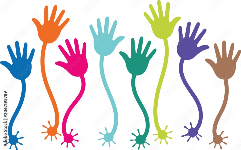 Fototapeta premium Colorful raised hands vector illustration with playful paint splashes isolated creative community support design artwork
