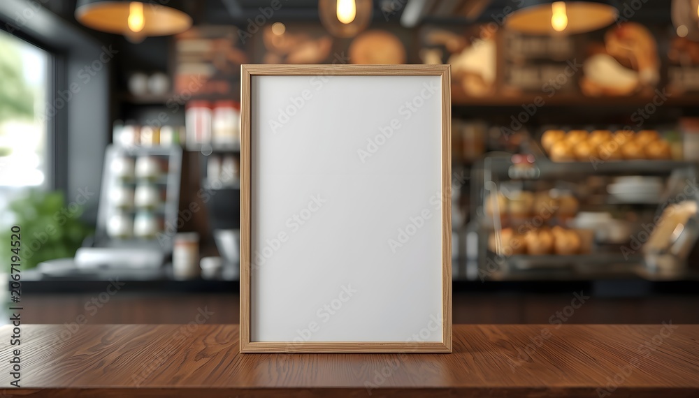 Fototapeta premium Blank Poster Frame Mockup with Blurred Coffee Shop Background