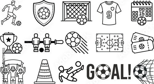Black and White Soccer Icon Set with Football, Goal, Trophy, Jersey, Calendar and Match Elements