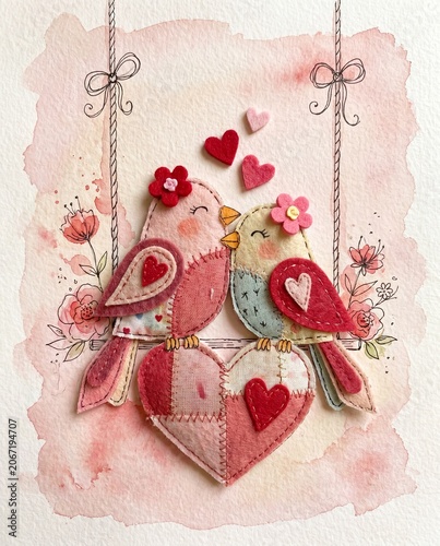 Handmade Valentine Lovebirds Watercolor Textile Collage Illustration