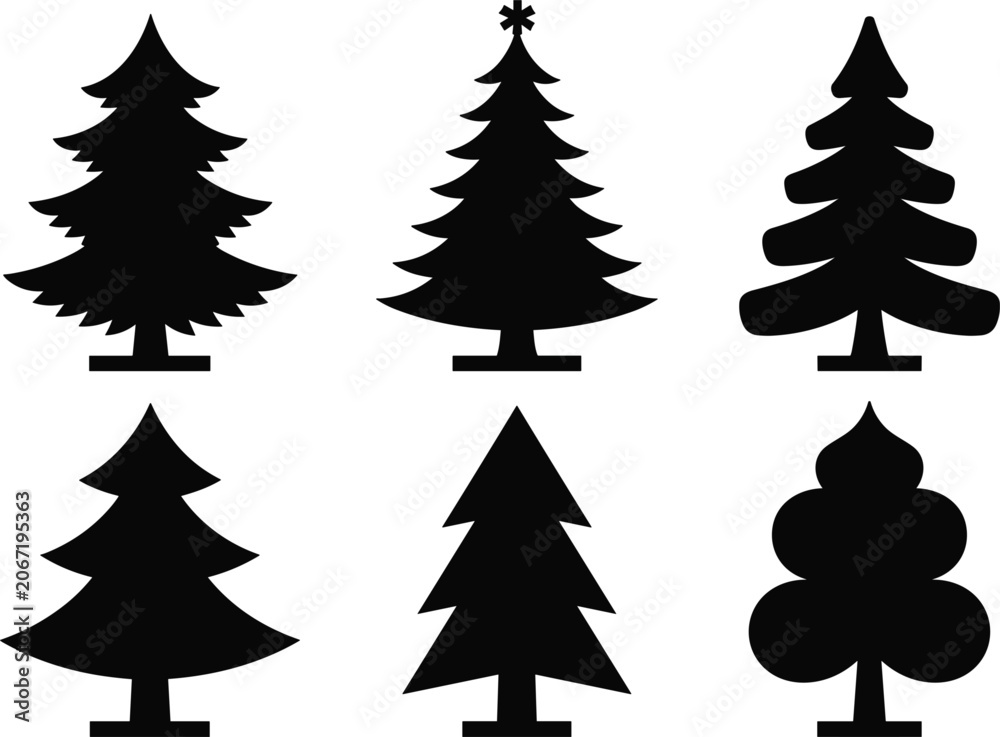Obraz premium Christmas tree silhouette collection vector illustration featuring black pine icons isolated festive winter holiday decorative elements