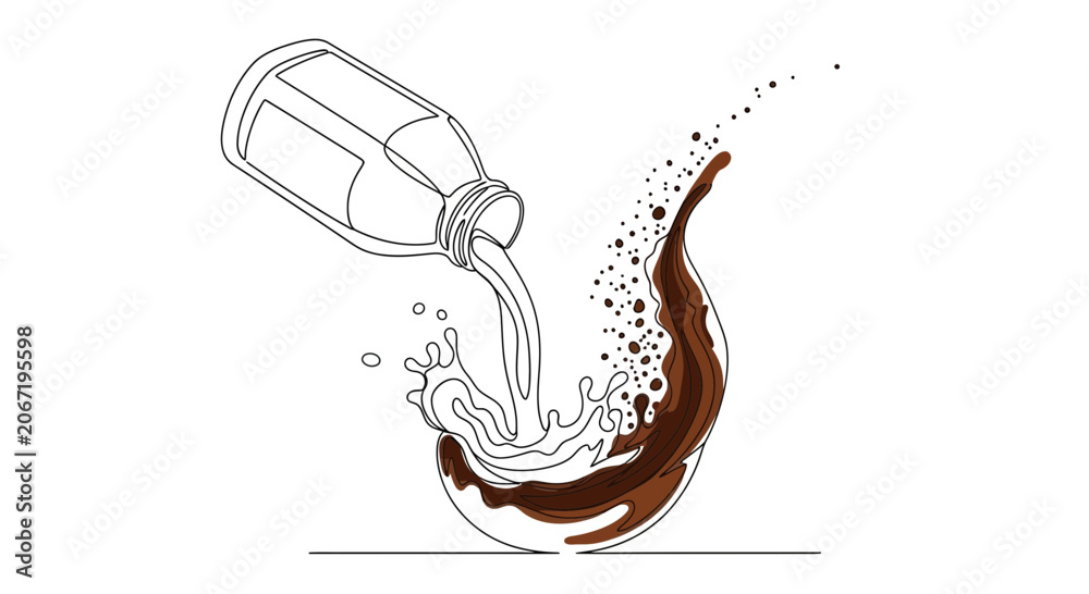 Obraz premium Chocolate Milk Pouring Splash From Bottle - Hand Drawn Illustration