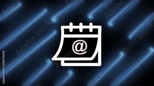 Glowing white calendar icon vector with email symbol on dark background with blue neon lines for booking schedule online template