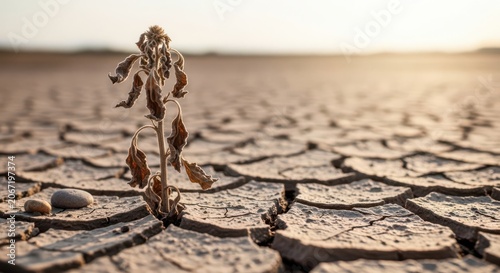 Single Withered Plant in Cracked Dry Earth