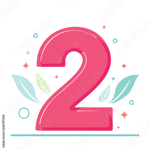 Pink Number Two with Decorative Leaves and Shapes