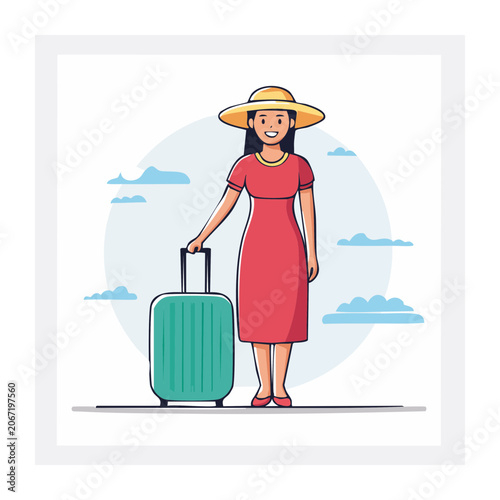 Woman with suitcase in summer outfit illustration