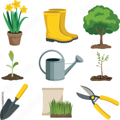 Canvastavla Gardening tools and plants vector icon set, spring agriculture farm elements iso