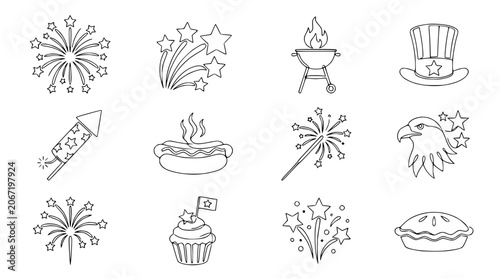 Tableau sur toile American Holiday Celebration Icons: Fireworks, BBQ, Eagle, Pie, Hat, Cupcake, Ho