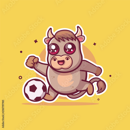 cheerful bull animal character mascot playing football isolated cartoon