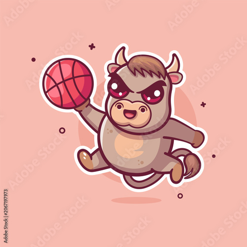 happy bull animal character mascot playing basketball isolated cartoon
