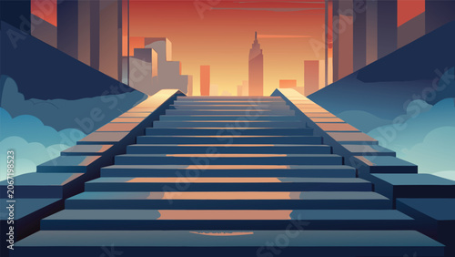 Bild auf Leinwand Stairway leading to a glowing sunset over a stylized urban cityscape with archit