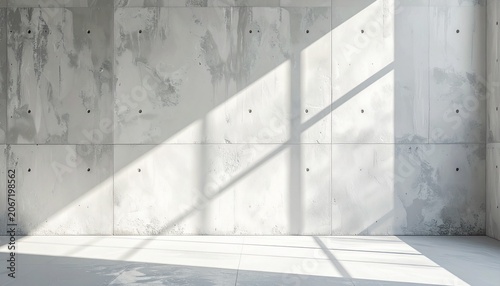 An empty room with concrete walls and floors, illuminated by natural light streaming in from a window, casting diagonal shadows across the space