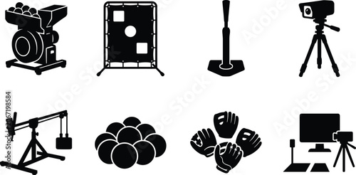 Foto Set of baseball and softball training equipment icons featuring pitching machine