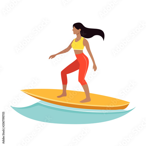 Woman surfing on a yellow surfboard in flat design style