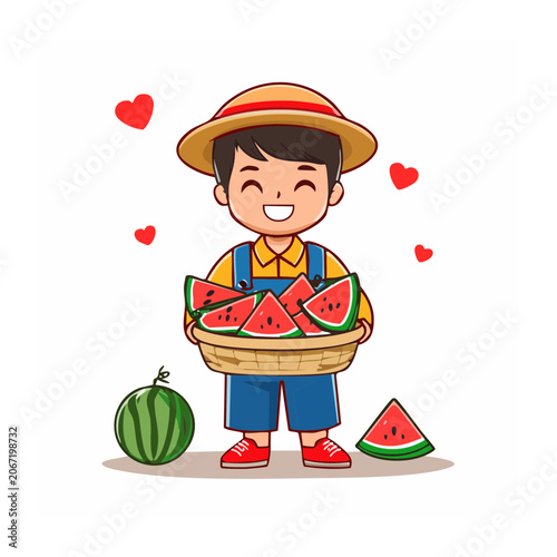 Cartoon boy holding basket of watermelon slices