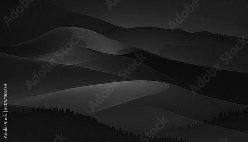 Dark desert landscape with abstract sand dunes and subtle pine forest texture