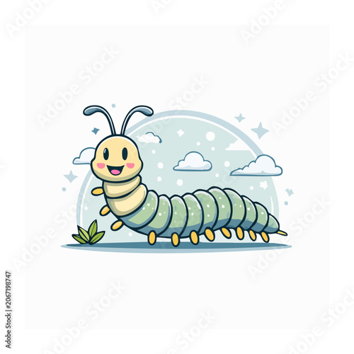 Cartoon Caterpillar with Antennae and Leaf