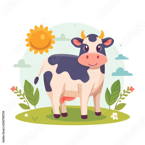 Cartoon Cow in Nature Scene with Sun and Clouds